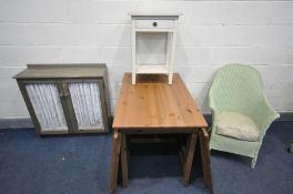 A MODERN PINE GATE LEG TABLE (leaves loose from table) along with a green painted pine two door