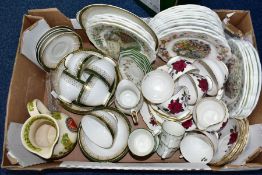 A BOX OF CERAMIC PART TEA SETS ETC, to include twenty five pieces of Royal Grafton Majestic,