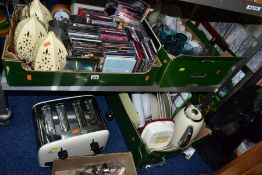 FOUR BOXES AND LOOSE CERAMICS, GLASSWARES, PICTURES, CDS AND HOUSEHOLD ITEMS, to include a Russell