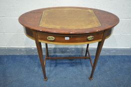 AN EDWARDIAN MAHOGANY AND INLAID OVAL WRITING TABLE, with a brown leather skiver, the frieze with