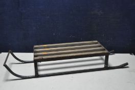 A VINTAGE BESPOKE SLEDGE metal tubular frame with four wooden slats