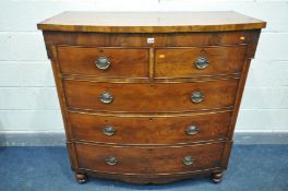 A VICTORIAN FLAME MAHOGANY BOWFRONT CHEST OF TWO OVER THREE LONG DRAWERS, on bulbous legs, width