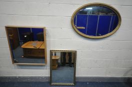 A HALO LIVING LIGHT OAK FRAMED WALL MIRROR, 80cm x 70cm, along with a giltwood bevelled edge oval