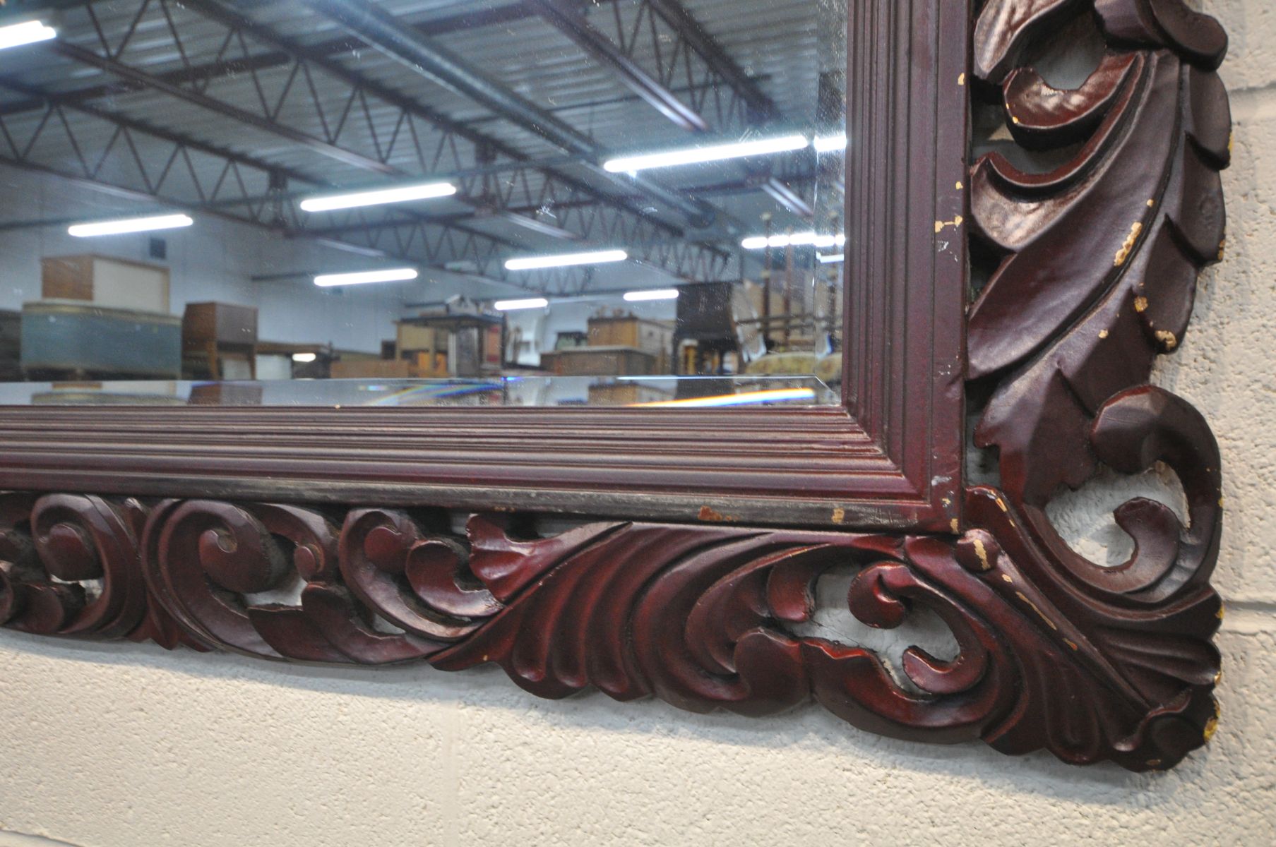 THREE LATE 20TH CENTURY FOLIATE WOODEN FRAMED BEVELLED EDGE WALL MIRRORS, all painted in burgundy, - Image 3 of 4