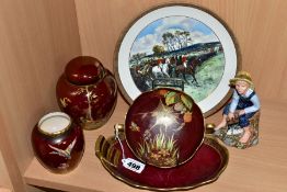 THREE PIECES OF CARLTON WARE ROUGE ROYALE, A SIMILAR CROWN DEVON GINGER JAR AND COVER, ETC,