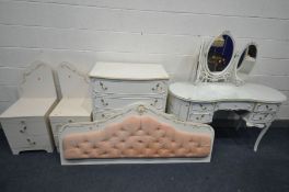A FRENCH CREAM THREE PIECE BEDROOM SUITE, comprising a kidney dressing table with a triple mirror,
