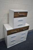 A WHITE AND WALNUT EFFECT CHEST OF EIGHT DRAWERS, width 93cm x depth 42cm x height 81cm, and a