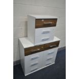 A WHITE AND WALNUT EFFECT CHEST OF EIGHT DRAWERS, width 93cm x depth 42cm x height 81cm, and a