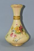 A ROYAL WORCESTER BLUSH IVORY VASE, shape no 2187, of tapering form and floral decoration, puce