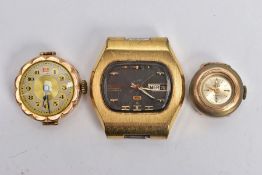 AN EARLY 20TH CENTURY WATCH HEAD AND TWO ADDITIONAL WATCH HEADS, 9ct gold watch head with bevelled