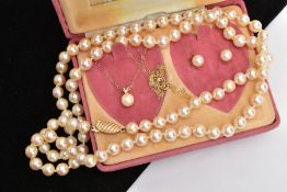 A CULTURED PEARL PENDANT NECKLACE AND EARRING SET AND A CULTURED PEARL STRAND NECKLACE, the