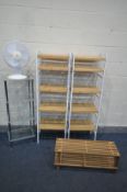 A PAINTED AND BEECH FOUR TIER OPEN SHELVES, along with a glass and chrome four tier shelves, a