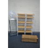 A PAINTED AND BEECH FOUR TIER OPEN SHELVES, along with a glass and chrome four tier shelves, a