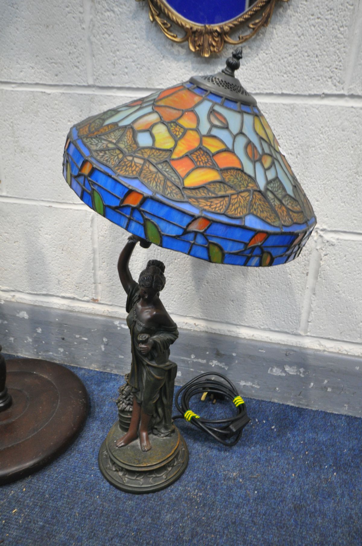A TIFFANY STYLE FIGURAL STANDARD LAMP (condition:-broken at arm, see image) along with an ornate - Image 2 of 5