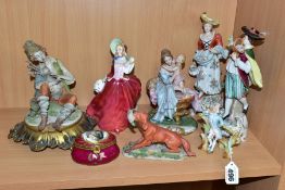 A GROUP OF SEVEN PORCELAIN FIGURES AND A TRINKET BOX, to include a Royal Doulton 'Autumn Breezes'