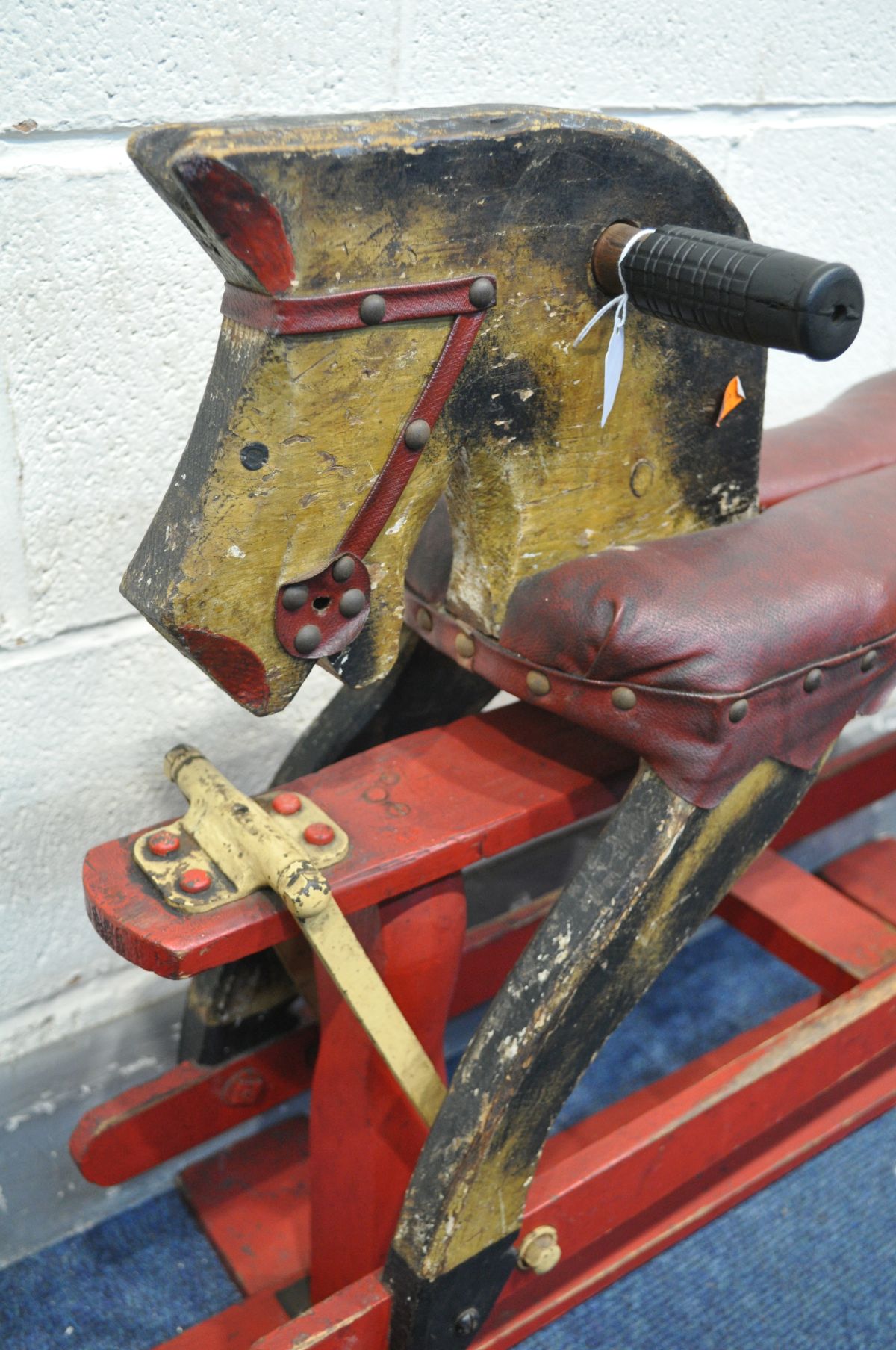 A VINTAGE TRESTLE ROCKING HORSE with a red leatherette seat - Image 3 of 3