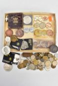 A BOX LID CONTAINING COINS AND COMMEMORATIVES, to Include a 1953 coin pack, a 1797 George III penny,