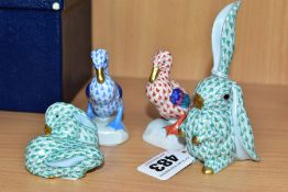 FOUR HEREND PORCELAIN ANIMALS / BIRDS, comprising two 5022 ducks in rust and blue fishnet