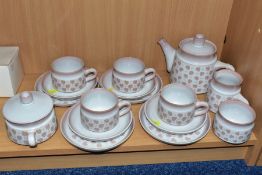 A DENBY FALLING LEAVES PART TEA SET, comprising teapot, milk jug, sugar bowl, four teacups (one