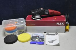 A FLEX XC3401VRG DUAL ACTION ORBITAL POLISHER (untested due to type 1 plug) along with a box of