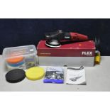 A FLEX XC3401VRG DUAL ACTION ORBITAL POLISHER (untested due to type 1 plug) along with a box of