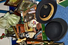 TWO BOXES AND LOOSE PICTURES, WALKING STICKS, METALWARES AND SUNDRY ITEMS, to include two Bowler