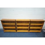 THREE SMALL PINE OPEN BOOKCASES, width 77cm x depth 22cm x height 83cm