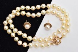 A PEARL NECKLACE AND PEARL EARRINGS, string of pearls, approximate length 32mm, pearls measuring