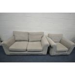 A 'NEXT' BEIGE UPHOLSTERED TWO PIECE SUITE, comprising a two seater sofa, length 180cm, and an