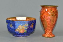 TWO WEDGWOOD BONE CHINA LUSTRE ITEMS, comprising a small vase of mottled orange exterior and