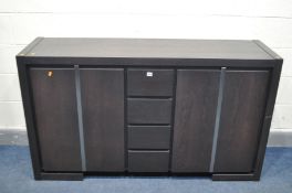 A QUBA OAK BLACK STAINED SIDEBOARD with double cupboard doors flanking a bank of four drawers, width