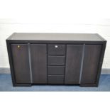 A QUBA OAK BLACK STAINED SIDEBOARD with double cupboard doors flanking a bank of four drawers, width