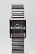 A RADO DIASTAR CERAMIC WRISTWATCH, a polished steel and ceramic watch, with a black rectangular face