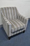 A STRIPPED UPHOLSTERED ARMCHAIR, width 74cm