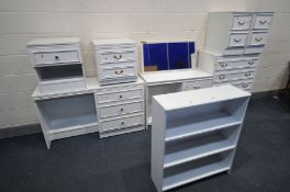 SEVEN VARIOUS WHITE BEDROOM FURNITURE, to include two dressing tables, chest of drawers, four