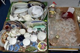 THREE BOXES OF CERAMICS AND GLASS WARES, to include cut glass and crystal drinking glasses by makers
