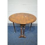 A LATE VICTORIAN BURR WALNUT OVAL SUTHERLAND TABLE, on turned legs and stretchers, open width 74cm x