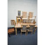 A MODERN BEECH DINING TABLE, six chairs including two carvers (in need of cleaning) along with