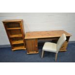 A MODERN PINE DESK, width 154cm x depth 54cm x height 74cm, cream leatherette chair and an open