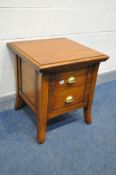 A CHERRYWOOD LAMP TABLE with two drawers, 55cm squared x height 60cm