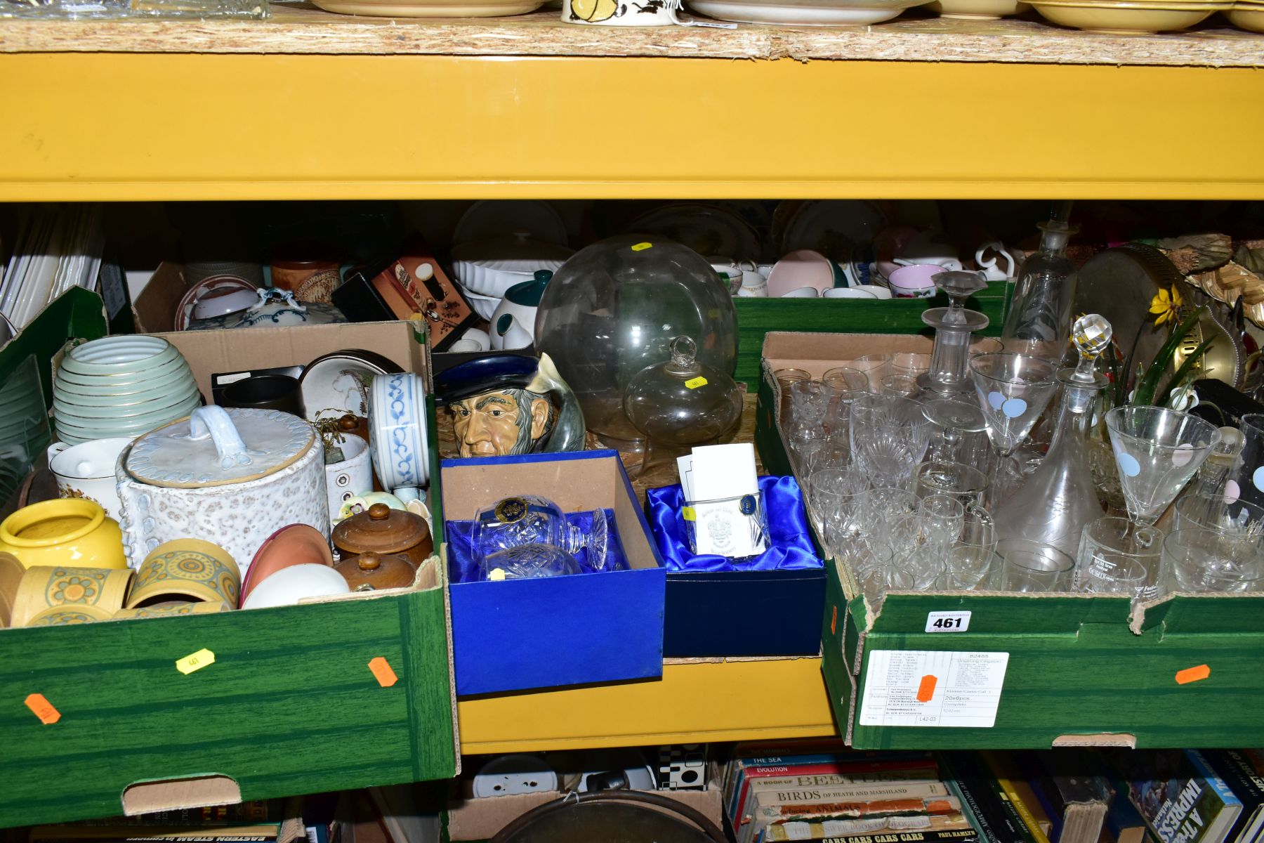 FOUR BOXES AND LOOSE CERAMICS AND GLASS WARES, to include a pair of boxed Derwent Crystal brandy