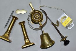 A SMALL BOX OF METALWARE, comprising a 19th century brass and iron servant's bell, a Victorian