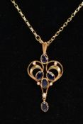 A 9CT GOLD SAPPHIRE AND SPLIT PEARL PENDANT AND CHAIN, the pendant of scrolling tapered design set