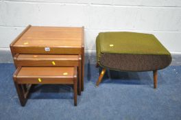 A MID-CENTURY TEAK NEST OF THREE TABLES, along with a vintage green upholstered sewing box with