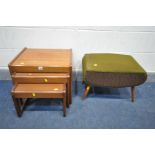 A MID-CENTURY TEAK NEST OF THREE TABLES, along with a vintage green upholstered sewing box with