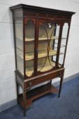 AN EDWARDIAN MAHOGANY AND INLAID SINGLE DOOR DISPLAY CABINET, with two fixed shelves, above one long