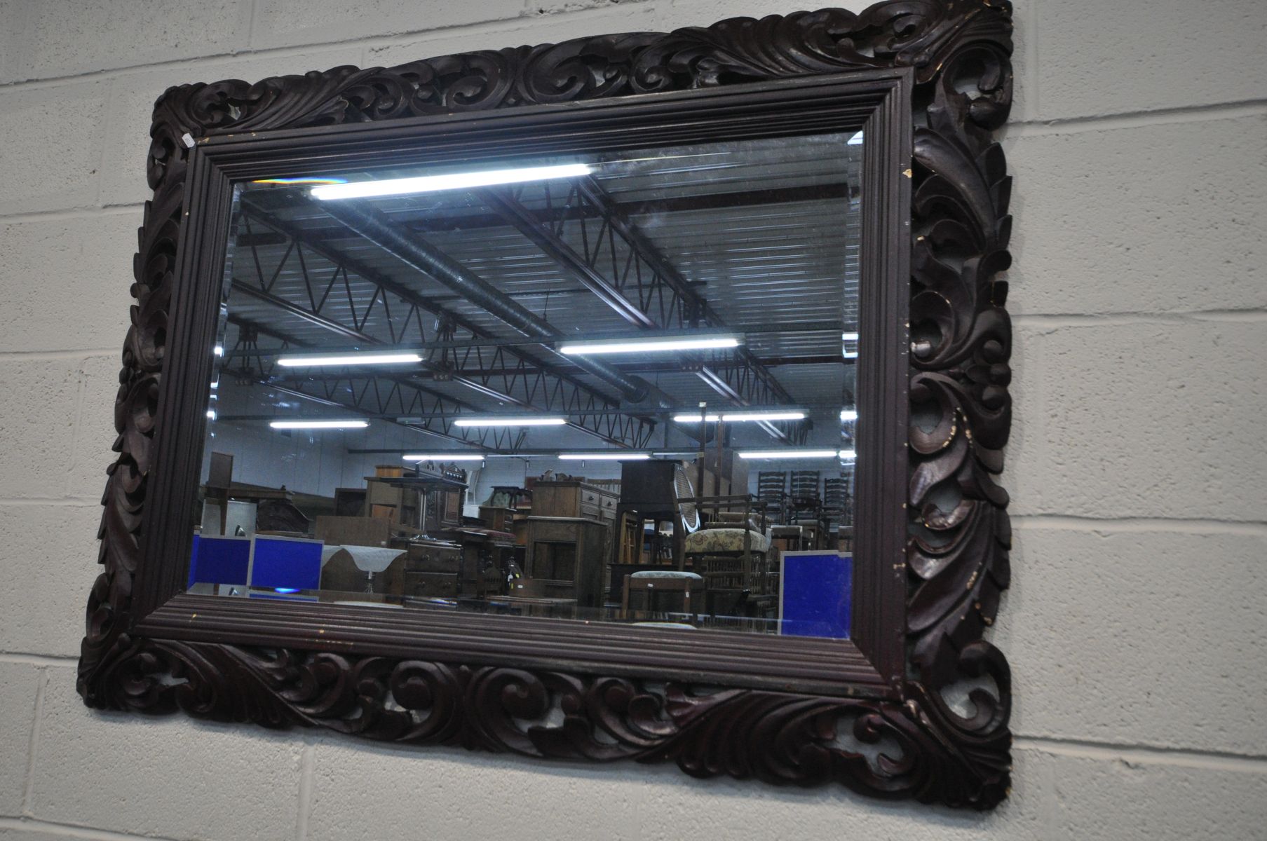 THREE LATE 20TH CENTURY FOLIATE WOODEN FRAMED BEVELLED EDGE WALL MIRRORS, all painted in burgundy, - Image 2 of 4