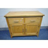 A LIGHT OAK SIDEBOARD with two drawers, width 96cm x depth 47cm x height 78cm