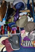 FIVE BOXES AND LOOSE BAGS, PURSES, CLOTHING AND HOUSEHOLD LINENS, to include five bags including a