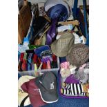 FIVE BOXES AND LOOSE BAGS, PURSES, CLOTHING AND HOUSEHOLD LINENS, to include five bags including a